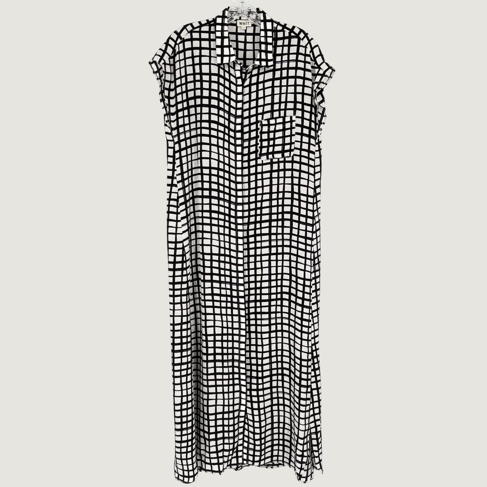 WHIT Sutton Shirt Dress Silk Black White Grid Print Maxi Short Sleeve Size M - Picture 2 of 16